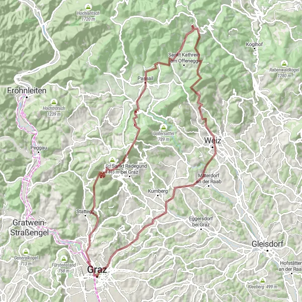 Karten-Miniaturansicht der Radinspiration "Gries - Mariatrost Rundfahrt" in Steiermark, Austria. Erstellt vom Tarmacs.app-Routenplaner für Radtouren