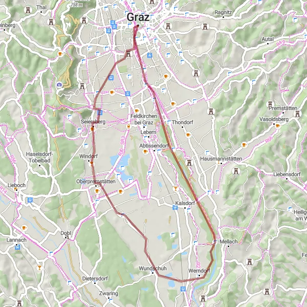 Karten-Miniaturansicht der Radinspiration "Rundfahrt von Gries nach Werndorf und zurück" in Steiermark, Austria. Erstellt vom Tarmacs.app-Routenplaner für Radtouren
