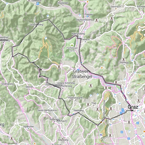 Miniatura della mappa di ispirazione al ciclismo "Grazer Uhrturm Challenge" nella regione di Steiermark, Austria. Generata da Tarmacs.app, pianificatore di rotte ciclistiche
