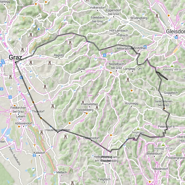 Map miniature of "The Schlossberg and Laßnitzhöhe Adventure" cycling inspiration in Steiermark, Austria. Generated by Tarmacs.app cycling route planner