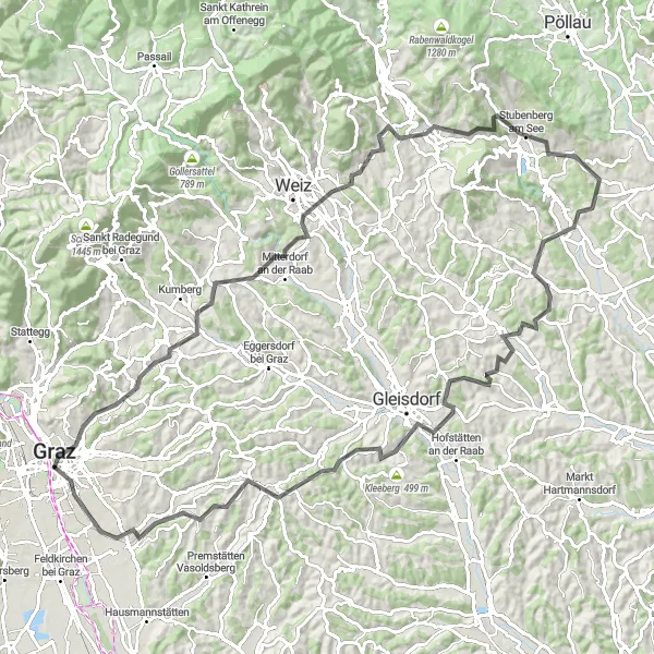 Miniatua del mapa de inspiración ciclista "Ruta desafiante por los alrededores de Gries" en Steiermark, Austria. Generado por Tarmacs.app planificador de rutas ciclistas