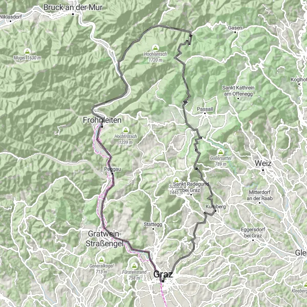 Miniaturekort af cykelinspirationen "Historiske oplevelser og naturskønne landskaber" i Steiermark, Austria. Genereret af Tarmacs.app cykelruteplanlægger