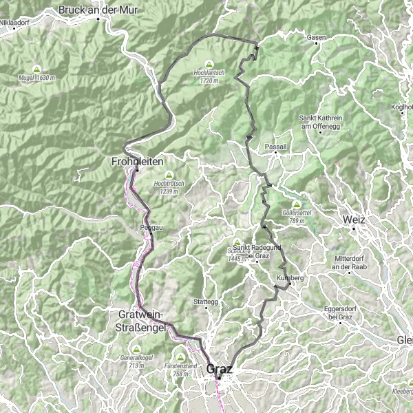 Miniatuurkaart van de fietsinspiratie "Avontuurlijke tocht door Steiermark" in Steiermark, Austria. Gemaakt door de Tarmacs.app fietsrouteplanner