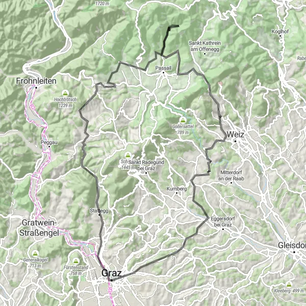 Miniatuurkaart van de fietsinspiratie "Rondrit Gries naar Mortantsch" in Steiermark, Austria. Gemaakt door de Tarmacs.app fietsrouteplanner