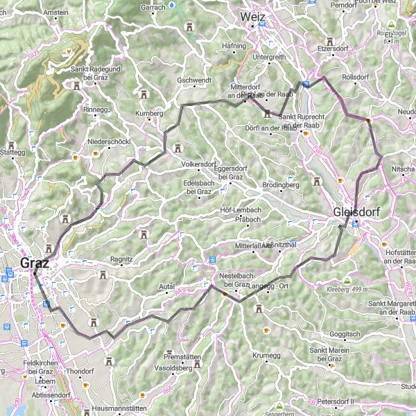 Miniaturní mapa "Kolem historických památek" inspirace pro cyklisty v oblasti Steiermark, Austria. Vytvořeno pomocí plánovače tras Tarmacs.app