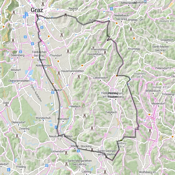 Miniatua del mapa de inspiración ciclista "Ruta del Castillo a Feldkirchen" en Steiermark, Austria. Generado por Tarmacs.app planificador de rutas ciclistas