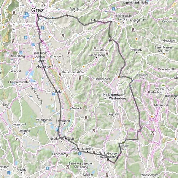 Miniatura della mappa di ispirazione al ciclismo "Riegersburg Gateway" nella regione di Steiermark, Austria. Generata da Tarmacs.app, pianificatore di rotte ciclistiche