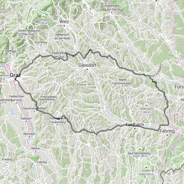 Miniatura della mappa di ispirazione al ciclismo "Circuito Collinare a Graz" nella regione di Steiermark, Austria. Generata da Tarmacs.app, pianificatore di rotte ciclistiche