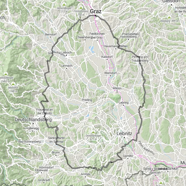 Miniatuurkaart van de fietsinspiratie "Gries - Stainz Route" in Steiermark, Austria. Gemaakt door de Tarmacs.app fietsrouteplanner