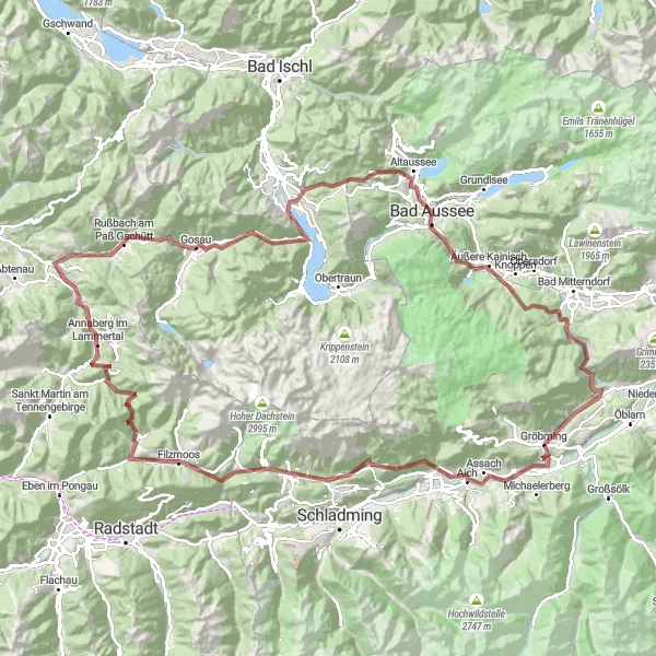 Zemljevid v pomanjšavi "Gravel kolesarska avantura v okolici Gröbminga" kolesarske inspiracije v Steiermark, Austria. Generirano z načrtovalcem kolesarskih poti Tarmacs.app