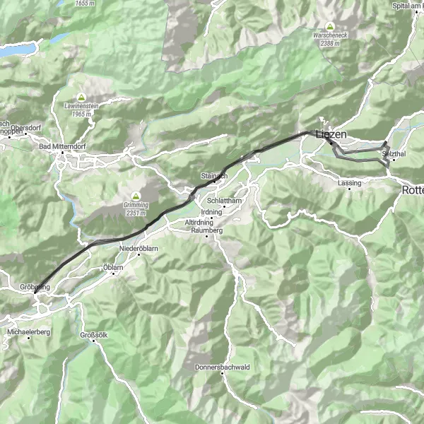 Miniature de la carte de l'inspiration cycliste "Les sommets de Gröbming en route" dans la Steiermark, Austria. Générée par le planificateur d'itinéraire cycliste Tarmacs.app