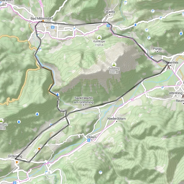 Mapa miniatúra "Scenic road loop near Gröbming" cyklistická inšpirácia v Steiermark, Austria. Vygenerované cyklistickým plánovačom trás Tarmacs.app