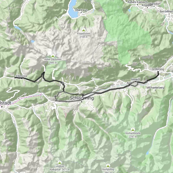 Mapa miniatúra "Okruh cez Schladming" cyklistická inšpirácia v Steiermark, Austria. Vygenerované cyklistickým plánovačom trás Tarmacs.app