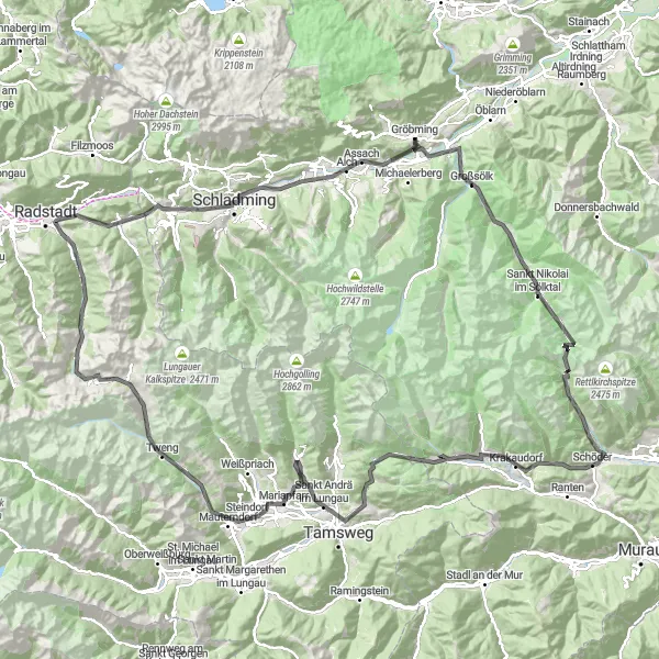 Kartminiatyr av "Gröbming - Sankt Andrä im Lungau - Schladming" sykkelinspirasjon i Steiermark, Austria. Generert av Tarmacs.app sykkelrutoplanlegger