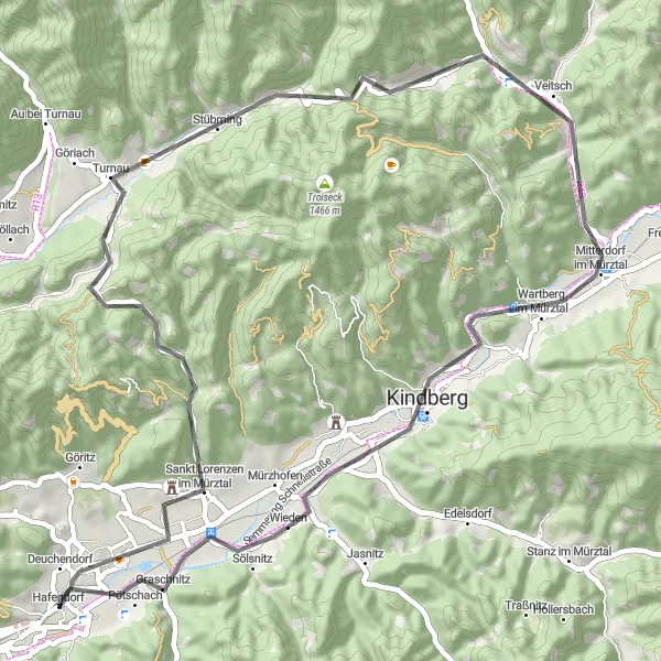 Karttaminiaatyyri "Sankt Lorenzen im Mürztal ja Turnau kierros" pyöräilyinspiraatiosta alueella Steiermark, Austria. Luotu Tarmacs.app pyöräilyreittisuunnittelijalla