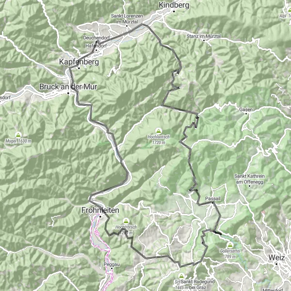 Karten-Miniaturansicht der Radinspiration "​​​​​​​Bergabenteuer auf 121 km" in Steiermark, Austria. Erstellt vom Tarmacs.app-Routenplaner für Radtouren