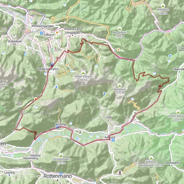 Kartminiatyr av "Hall til Spital am Pyhrn Loop" sykkelinspirasjon i Steiermark, Austria. Generert av Tarmacs.app sykkelrutoplanlegger