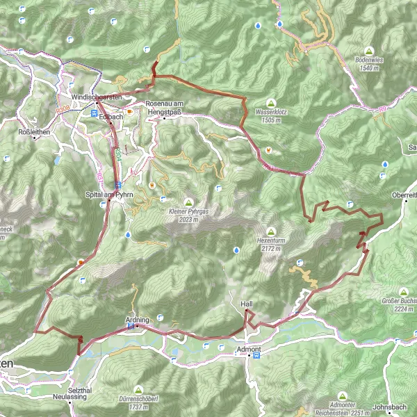 Miniatura della mappa di ispirazione al ciclismo "Tour epico delle Alpi Pyhrn" nella regione di Steiermark, Austria. Generata da Tarmacs.app, pianificatore di rotte ciclistiche