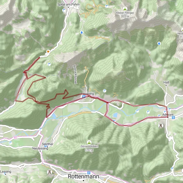 Mapa miniatúra "Gravelová okružná trasa okolo Hall bei Admont" cyklistická inšpirácia v Steiermark, Austria. Vygenerované cyklistickým plánovačom trás Tarmacs.app