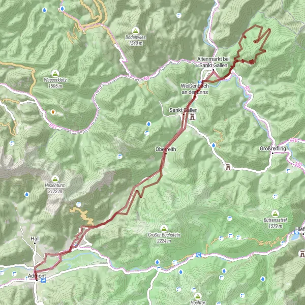 Karttaminiaatyyri "Mahtava pyöräilyseikkailu Radmererkogelille" pyöräilyinspiraatiosta alueella Steiermark, Austria. Luotu Tarmacs.app pyöräilyreittisuunnittelijalla