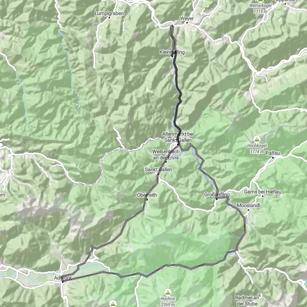 Miniatua del mapa de inspiración ciclista "Recorrido en carretera desde Hall bei Admont a Krumau" en Steiermark, Austria. Generado por Tarmacs.app planificador de rutas ciclistas