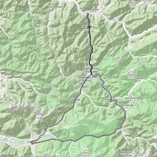 Miniaturní mapa "Okružní cyklotrasa blízko Hall bei Admont" inspirace pro cyklisty v oblasti Steiermark, Austria. Vytvořeno pomocí plánovače tras Tarmacs.app