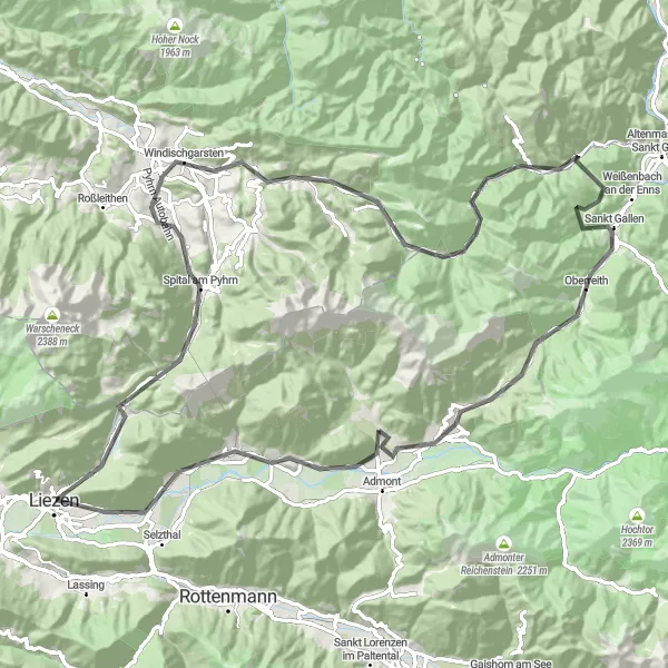 Miniatura della mappa di ispirazione al ciclismo "Tour delle Alpi Gesäuse" nella regione di Steiermark, Austria. Generata da Tarmacs.app, pianificatore di rotte ciclistiche