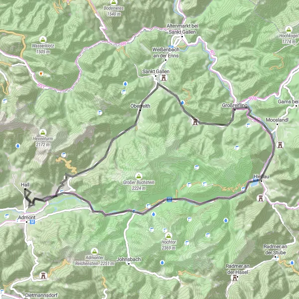 Miniature de la carte de l'inspiration cycliste "Le tour des châteaux et vallées de l'Enns" dans la Steiermark, Austria. Générée par le planificateur d'itinéraire cycliste Tarmacs.app