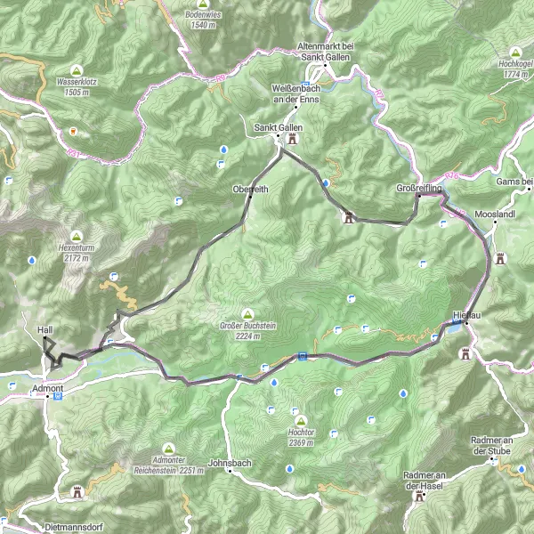 Map miniature of "Gallenstein Road Challenge" cycling inspiration in Steiermark, Austria. Generated by Tarmacs.app cycling route planner