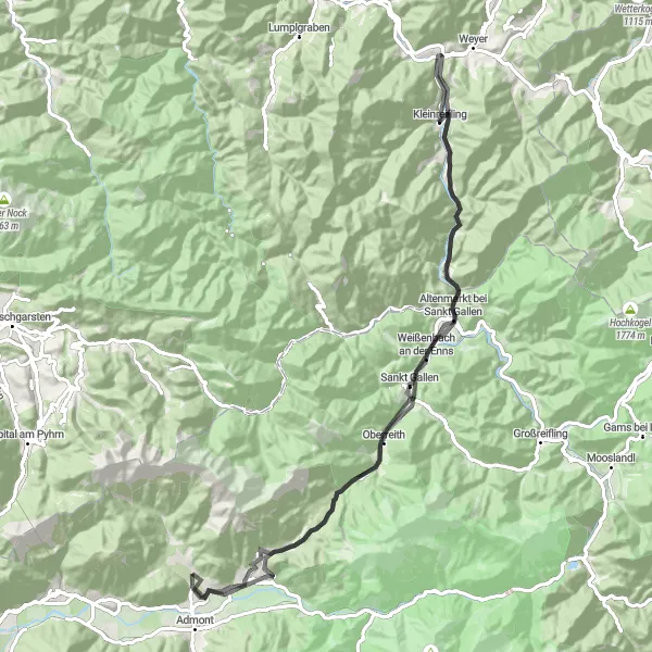 Miniatuurkaart van de fietsinspiratie "Avontuurlijk fietsen rond Hall bei Admont" in Steiermark, Austria. Gemaakt door de Tarmacs.app fietsrouteplanner