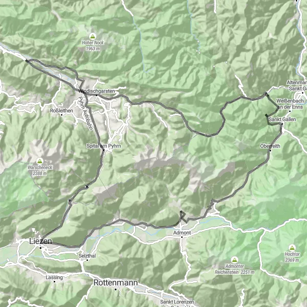 Miniatua del mapa de inspiración ciclista "Ruta de Ciclismo de Carretera por Hall bei Admont" en Steiermark, Austria. Generado por Tarmacs.app planificador de rutas ciclistas