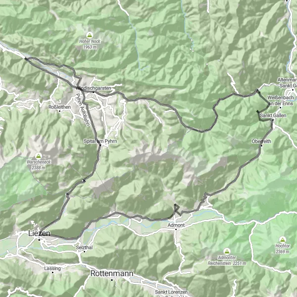 Miniatura della mappa di ispirazione al ciclismo "Eccitante avventura ad ascesa" nella regione di Steiermark, Austria. Generata da Tarmacs.app, pianificatore di rotte ciclistiche