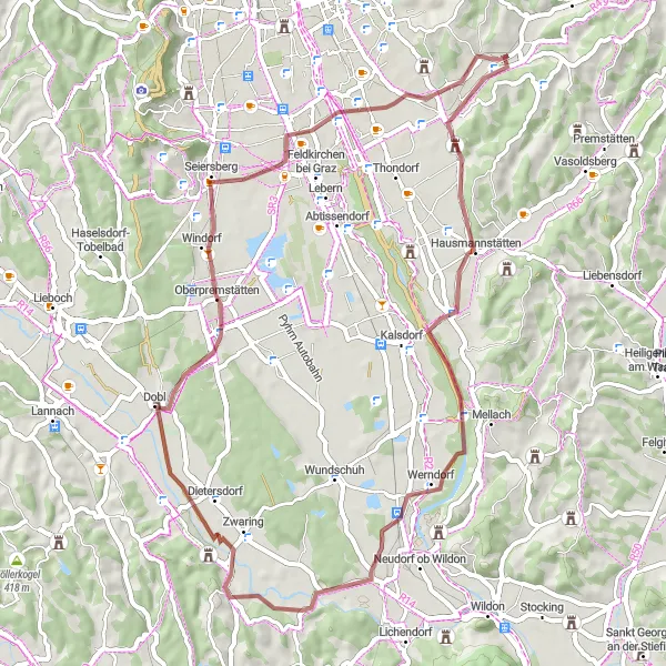Zemljevid v pomanjšavi "Gravelska dogodivščina po Steiermarku" kolesarske inspiracije v Steiermark, Austria. Generirano z načrtovalcem kolesarskih poti Tarmacs.app