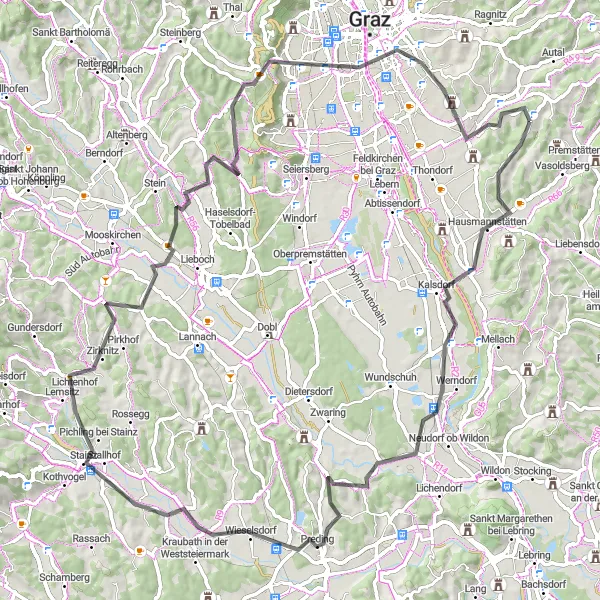 Miniatuurkaart van de fietsinspiratie "In de voetsporen van de geschiedenis" in Steiermark, Austria. Gemaakt door de Tarmacs.app fietsrouteplanner
