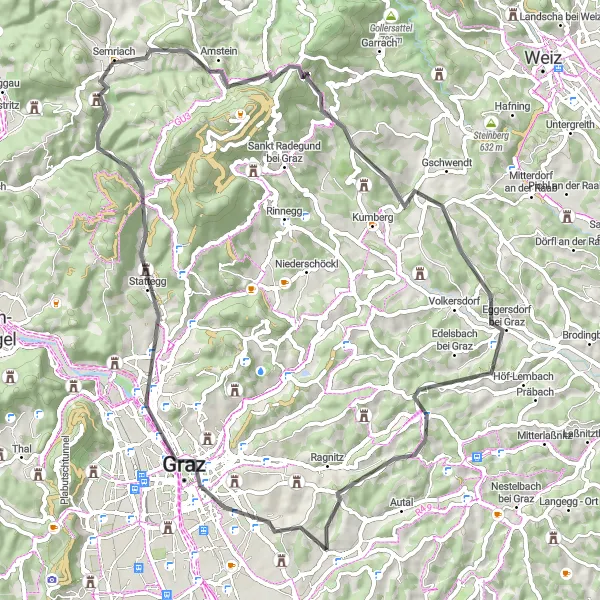 Mapa miniatúra "Poznávacia cyklotrasa cez Schlossberg a Schloss Kainberg" cyklistická inšpirácia v Steiermark, Austria. Vygenerované cyklistickým plánovačom trás Tarmacs.app