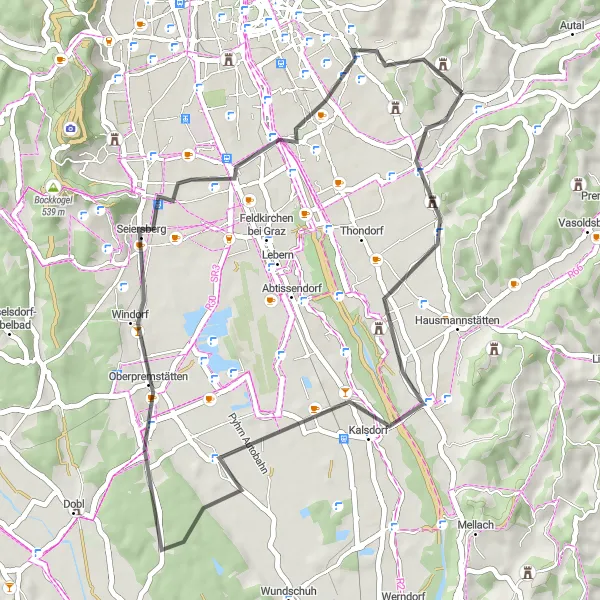 Karttaminiaatyyri "Maaseudun solisevat vedet ja vehreät niityt" pyöräilyinspiraatiosta alueella Steiermark, Austria. Luotu Tarmacs.app pyöräilyreittisuunnittelijalla