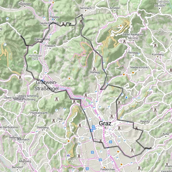 Miniatua del mapa de inspiración ciclista "Ruta desafiante por las montañas de Gratwein" en Steiermark, Austria. Generado por Tarmacs.app planificador de rutas ciclistas