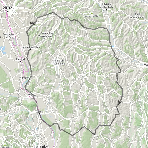 Miniatura della mappa di ispirazione al ciclismo "Avventura ciclistica verso Paldau" nella regione di Steiermark, Austria. Generata da Tarmacs.app, pianificatore di rotte ciclistiche