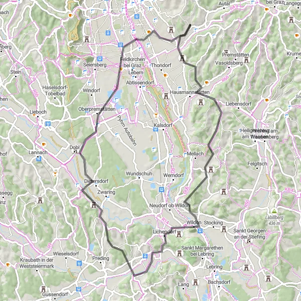 Miniature de la carte de l'inspiration cycliste "Parcours pittoresque autour de Wildoner Schloßberg" dans la Steiermark, Austria. Générée par le planificateur d'itinéraire cycliste Tarmacs.app