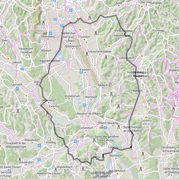 Miniatua del mapa de inspiración ciclista "Excursión en Bicicleta por Sankt Georgen y Raaba" en Steiermark, Austria. Generado por Tarmacs.app planificador de rutas ciclistas