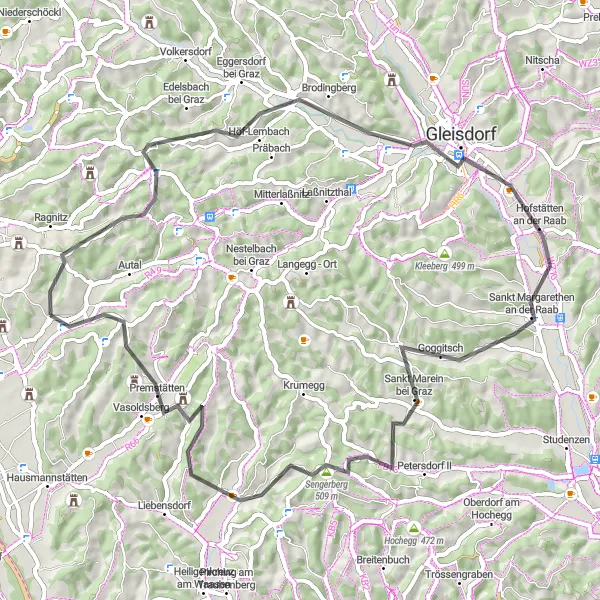 Miniatuurkaart van de fietsinspiratie "Verken de omliggende dorpen" in Steiermark, Austria. Gemaakt door de Tarmacs.app fietsrouteplanner