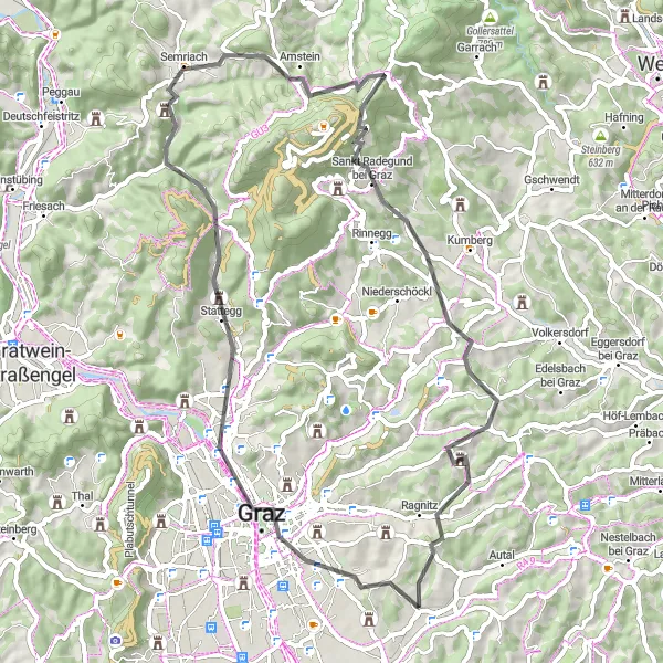 Miniature de la carte de l'inspiration cycliste "Exploration des collines de Graz" dans la Steiermark, Austria. Générée par le planificateur d'itinéraire cycliste Tarmacs.app