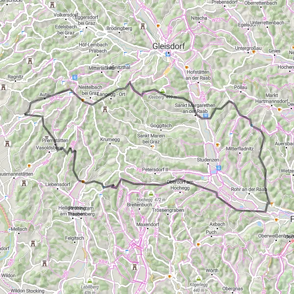Karttaminiaatyyri "Haastava Road-pyöräilyreitti Riegersburgin näköalalla" pyöräilyinspiraatiosta alueella Steiermark, Austria. Luotu Tarmacs.app pyöräilyreittisuunnittelijalla