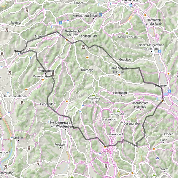 Miniatura della mappa di ispirazione al ciclismo "La Strada delle Colline intorno a Hart bei Graz" nella regione di Steiermark, Austria. Generata da Tarmacs.app, pianificatore di rotte ciclistiche