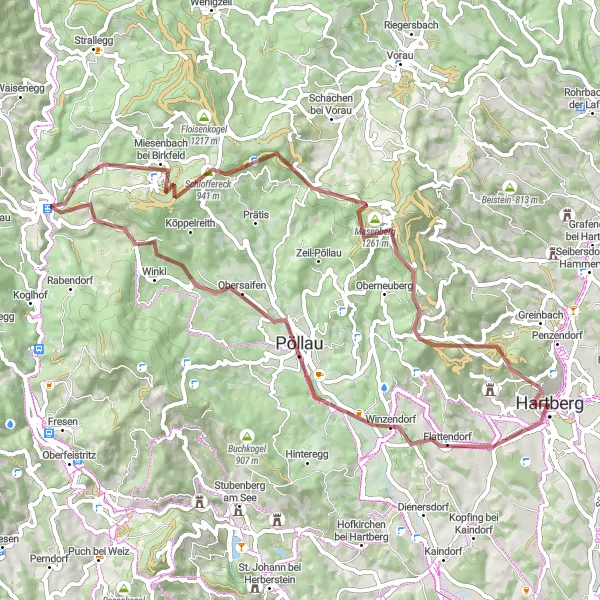 Miniatura della mappa di ispirazione al ciclismo "Avventura in bicicletta tra Hartberg e Ring" nella regione di Steiermark, Austria. Generata da Tarmacs.app, pianificatore di rotte ciclistiche