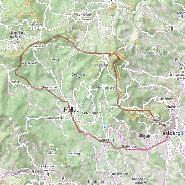 Karttaminiaatyyri "53 km Sora- ja maantiepyöräilyreitti Hartbergista Ringkogelille" pyöräilyinspiraatiosta alueella Steiermark, Austria. Luotu Tarmacs.app pyöräilyreittisuunnittelijalla