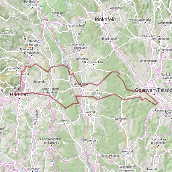Miniatura della mappa di ispirazione al ciclismo "Esplorazione di Montagne e Villaggi" nella regione di Steiermark, Austria. Generata da Tarmacs.app, pianificatore di rotte ciclistiche