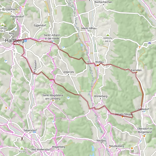 Miniatura della mappa di ispirazione al ciclismo "Il Giro di Hartberg e dintorni" nella regione di Steiermark, Austria. Generata da Tarmacs.app, pianificatore di rotte ciclistiche