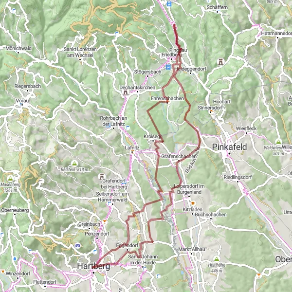 Miniatura della mappa di ispirazione al ciclismo "Tour dei Castelli della Stiria" nella regione di Steiermark, Austria. Generata da Tarmacs.app, pianificatore di rotte ciclistiche
