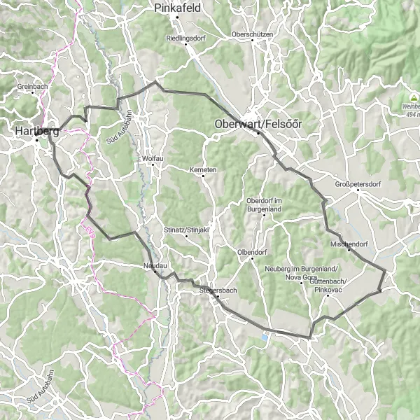 Miniature de la carte de l'inspiration cycliste "Les collines de Pinka" dans la Steiermark, Austria. Générée par le planificateur d'itinéraire cycliste Tarmacs.app